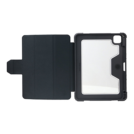Étui de protection pour tablette noir, partiellement ouvert, avec le rabat ouvert vers la gauche. L'étui montre le compartiment de la tablette et les découpes.