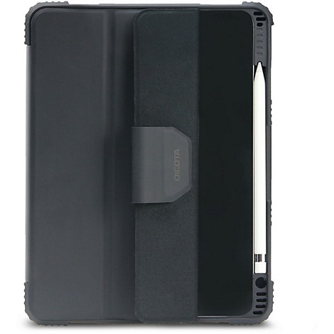 Étui pour tablette noir avec stylo attaché. L'inscription "DICOTA" est visible sur la fermeture.