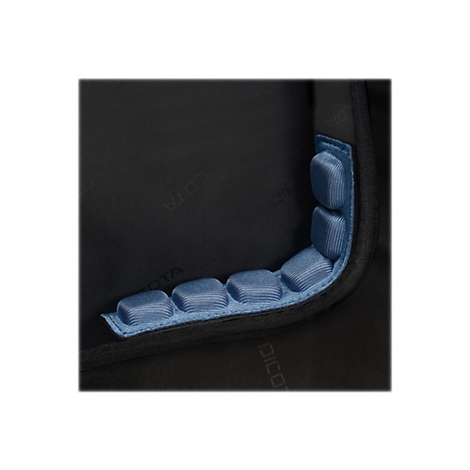 Detailaufnahme einer schwarzen Stofftasche mit blauen, gepolsterten Elementen am Rand.