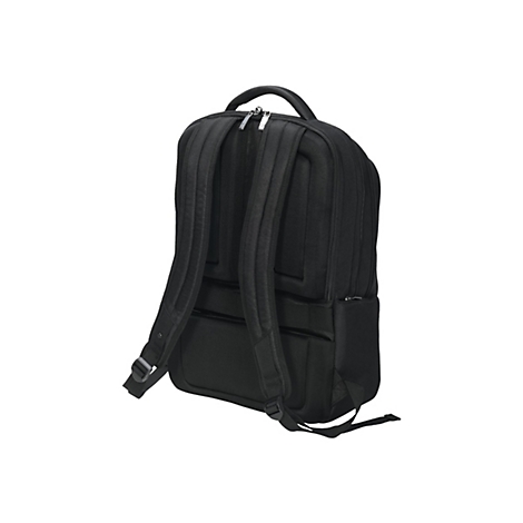 Schwarzer Rucksack mit zwei Schultergurten, Reißverschlüssen und Tragegriff. Der Rucksack steht vor weißem Hintergrund.