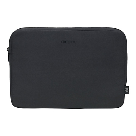 Schwarze Laptoptasche mit Reißverschluss, Markenlogo 'DICOTA', rechts unten ein Symbol.