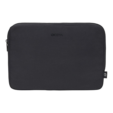 Schwarze Laptop-Hülle mit Reißverschluss, Markenname DICOTA, rechteckig. Ein Logo in der unteren rechten Ecke.