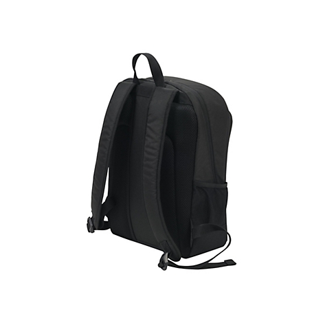 Schwarzer Rucksack mit gepolsterten Trägern, Rückseite mit Mesh-Einsatz, Seiten- und Vordertaschen.