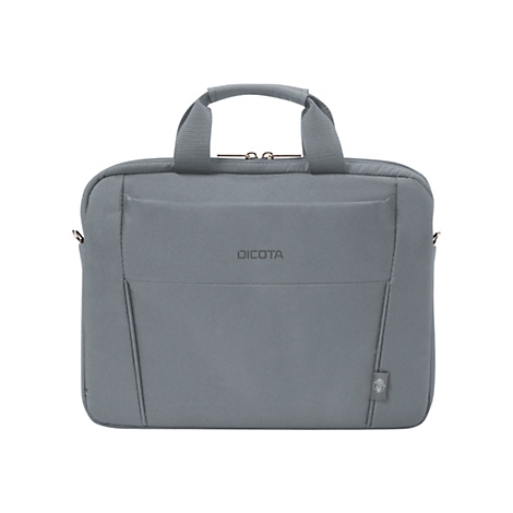 Graue Laptoptasche mit Tragegriff. Auf der Vorderseite befindet sich das Logo "DICOTA".