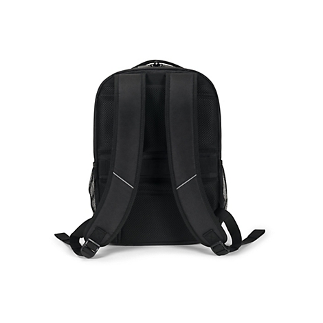 Schwarzer Rucksack von hinten, mit gepolsterten Schultergurten und reflektierenden Streifen.