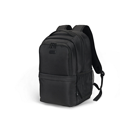 Schwarzer Rucksack mit zwei Schultergurten, einem Tragegriff und Netztaschen an den Seiten. Das Logo des Herstellers ist sichtbar.