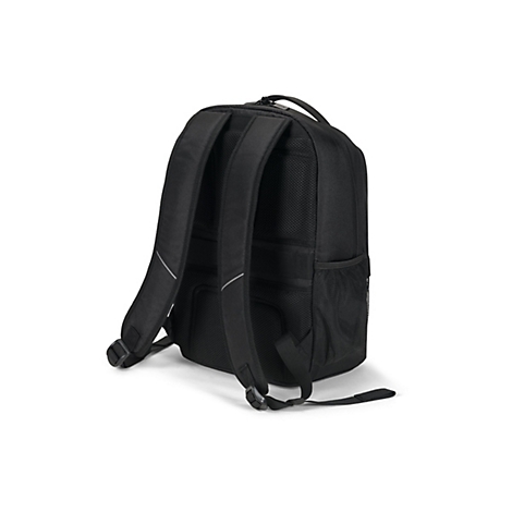 Schwarzer Rucksack, seitlich von hinten abgebildet. Mit gepolsterten Trägern, Rückenteil und einem kleinen Griff.