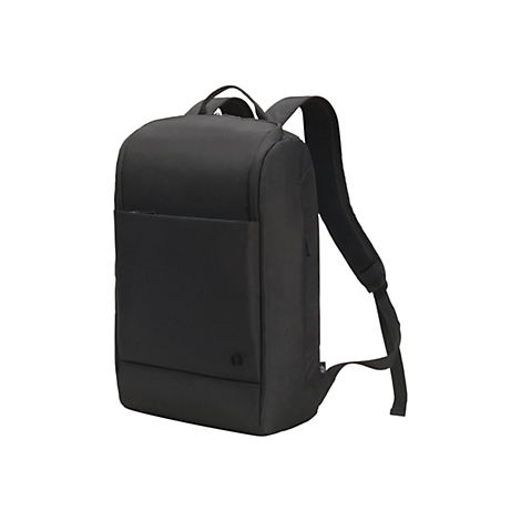 Schwarzer Rucksack mit zwei Schultergurten, rechteckiger Fronttasche und Trageschlaufe. Der Rucksack steht vor weißem Hintergrund.