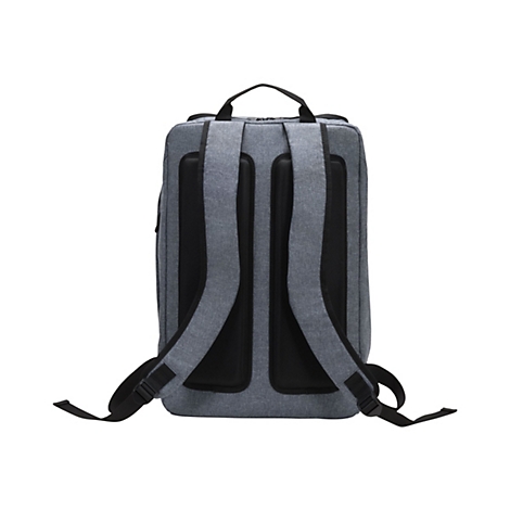 Grauer Rucksack von hinten, mit schwarzen Trägern und Polstern. Der Griff ist ebenfalls schwarz.