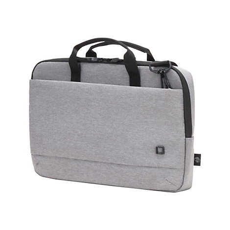 Hellgraue Laptoptasche mit Tragegriffen und abnehmbarem Schultergurt. Auf der Vorderseite eine aufgesetzte Tasche.
