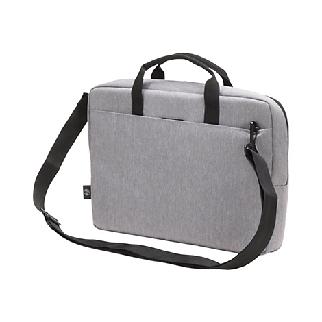 Graue Laptoptasche mit schwarzem Schulterriemen und Griffen. Auf der Tasche befindet sich ein Logo.