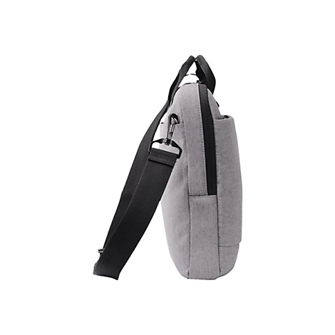 Graue Laptoptasche mit schwarzem Schultergurt, Seitenansicht.