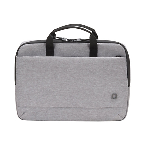 Hellgraue Laptoptasche mit Tragegriffen und Reißverschluss. Auf der Vorderseite befindet sich eine schmale Tasche und ein kleines Logo.