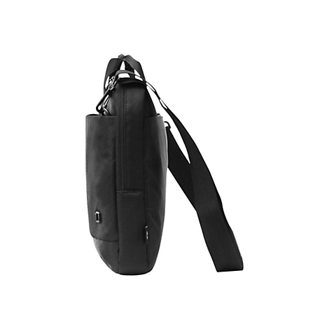 Schwarze Umhängetasche, seitliche Ansicht, Henkel, Reißverschluss, Schultergurt.