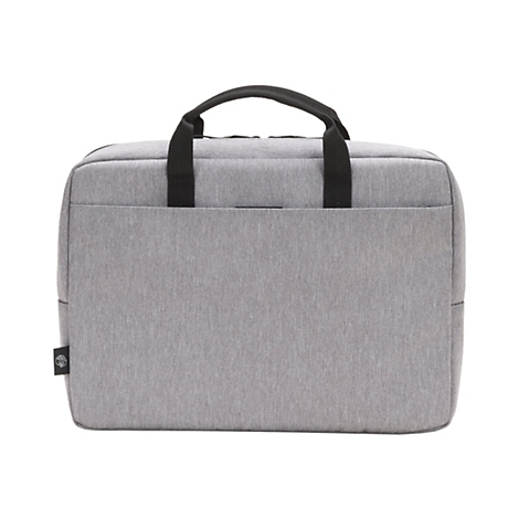 Hellgraue Laptoptasche mit Tragegriff. Auf der Fronttasche befindet sich ein Logo.