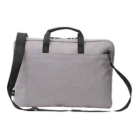 Graue Laptoptasche mit schwarzem Griff und Schultergurt, auf weißem Hintergrund.