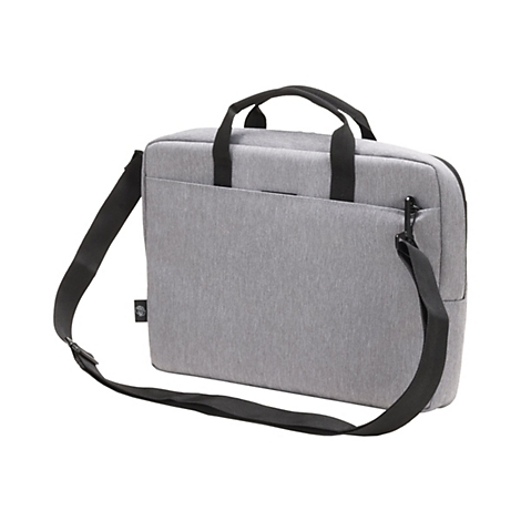 Graue Laptoptasche mit schwarzem Schultergurt und Tragegriffen.