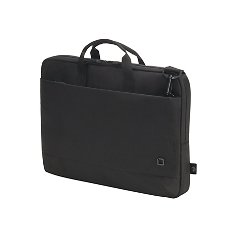 Schwarze Laptoptasche mit Tragegriff. Sie hat eine Vordertasche und ein Logo.