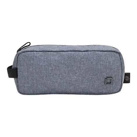 Graue Federtasche mit Trageschlaufe und Firmenlogo auf weißem Hintergrund.