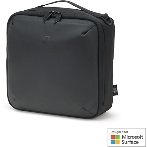 Schwarze, rechteckige Tasche mit Tragegriff und Reißverschluss, Logo, und "Designed for Microsoft Surface" Text.