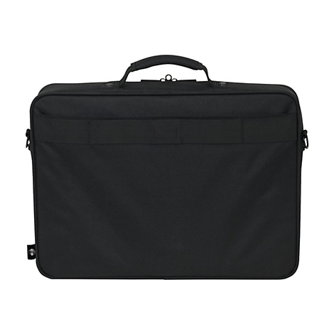 Schwarze Laptoptasche mit Tragegriff, Schultergurt und Logo.