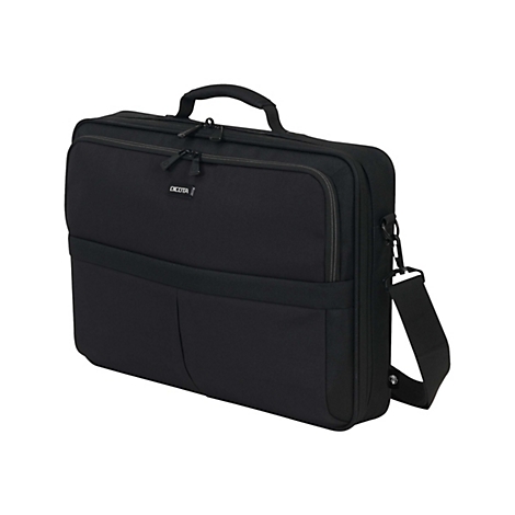 Schwarze Laptoptasche mit Tragegriff, Schultergurt und Reißverschlüssen, Marke DICOTA.