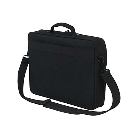 Schwarze Laptoptasche mit Tragegriff und Schultergurt. Auf weißem Hintergrund.
