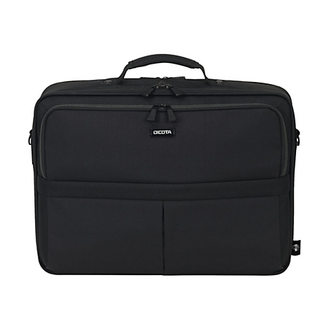 Schwarze Laptoptasche mit Tragegriff und Logo.