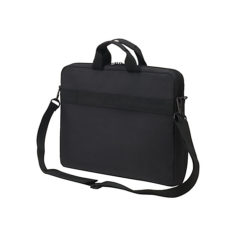 Schwarze Laptoptasche mit Tragegriff und Schultergurt. Auf weißem Hintergrund.