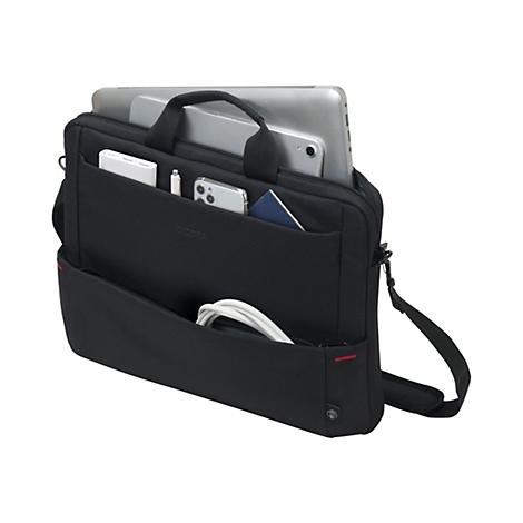 Schwarze Laptoptasche, gefüllt mit Laptop, Tablet und Zubehör. In der Tasche sind auch ein Handy, Ladegerät und Notizbuch.