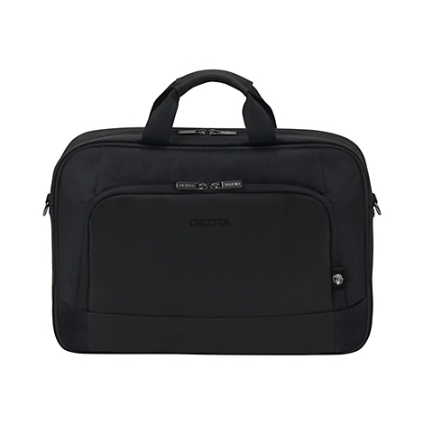 Schwarze Laptoptasche mit Tragegriff. Auf der Tasche befindet sich der Schriftzug DICOTA.