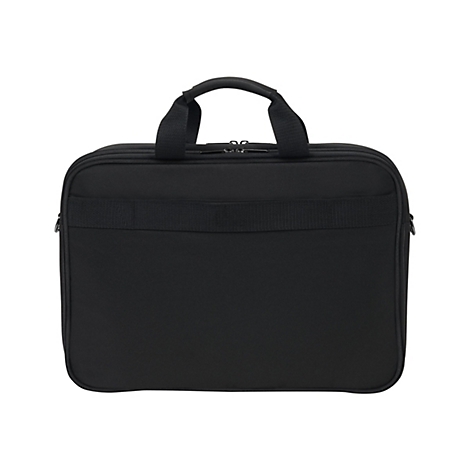 Schwarze Aktentasche, rechteckig, mit Griff und Schultergurt.