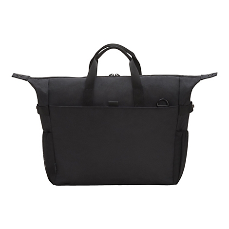 Schwarze Handtasche mit Griffen, Fronttasche und seitlichen Netztaschen, vor weißem Hintergrund.