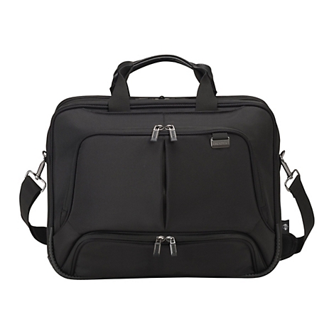 Schwarze Laptoptasche, vorne Reißverschluss, mit Griffen und Schultergurt.