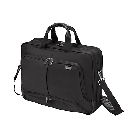 Schwarze Laptoptasche mit Tragegriff, Schultergurt und Reißverschlüssen.