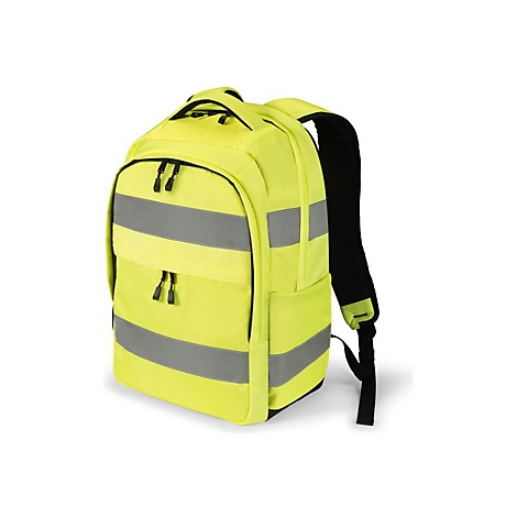 Gelber Rucksack mit reflektierenden Streifen und schwarzen Details. Auf weißem Hintergrund.
