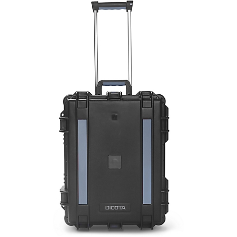Schwarzer Dicota Trolley vor weißem Hintergrund. Mit ausziehbarem Griff und zwei blauen Streifen.