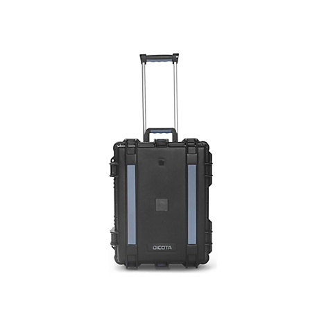 Schwarzer Trolley Koffer mit ausziehbarem Griff und blauem Akzent, vor weißem Hintergrund. Das Logo "DICOTA" ist sichtbar.