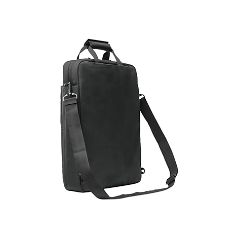 Schwarze Laptoptasche mit Tragegriff und Schulterriemen, freigestellt vor weißem Hintergrund.