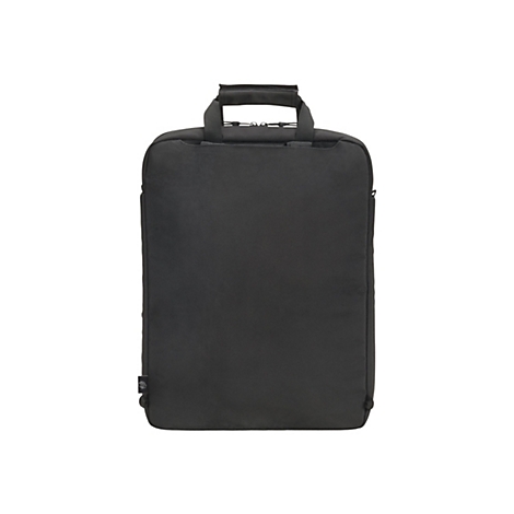 Ein schwarzer Laptop-Rucksack mit Tragegriff und Reißverschluss.