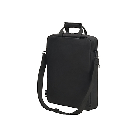 Schwarze Laptoptasche mit Tragegriff und Schultergurt. Auf weißem Hintergrund.