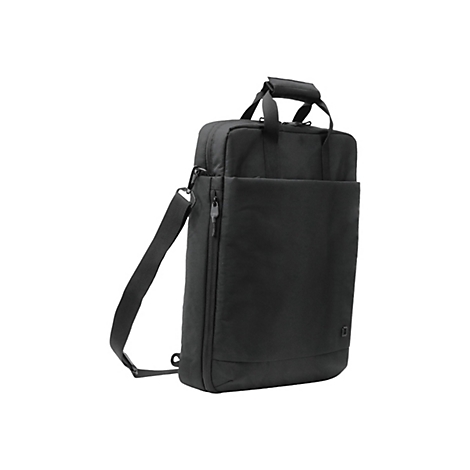 Schwarze Laptoptasche mit Schulterriemen, Reißverschluss und Tragegriff. Auf hellem Hintergrund.