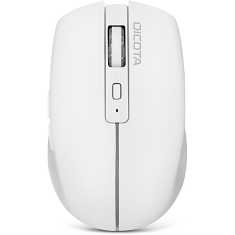 Draufsicht auf eine weiße Maus mit Rollrad, Logo und zwei Seitentasten. Vertikale Linie teilt die Maustasten.