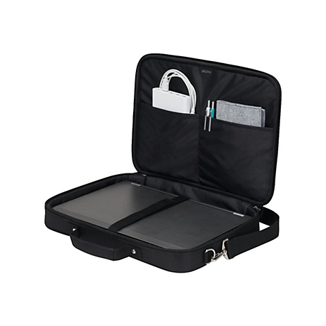 Schwarze Laptoptasche, geÃ¶ffnet. Innen Laptop, Netzteil, Stifte, Filzmappe. Griffe und Schulterriemen.