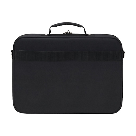 Schwarze Laptoptasche mit Henkel und Schultergurt, auf weiÃŸem Hintergrund. Der ReiÃŸverschluss ist silberfarben.