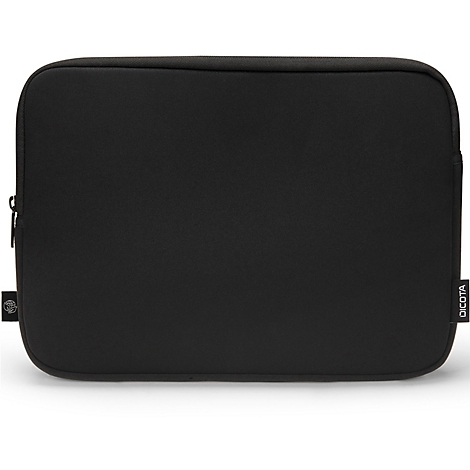 Schwarze Laptoptasche mit Reißverschluss und Logo. Texturierte Oberfläche. Label mit Firmenlogo DICOTA.