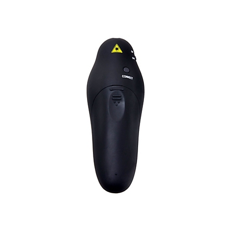Pointeur laser noir avec boutons et symboles sur fond blanc.
