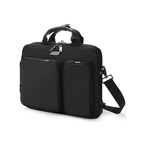 Schwarze Laptoptasche mit Tragegriff, Schultergurt und zwei aufgesetzten Fronttaschen. Das Logo DICOTA ist sichtbar.
