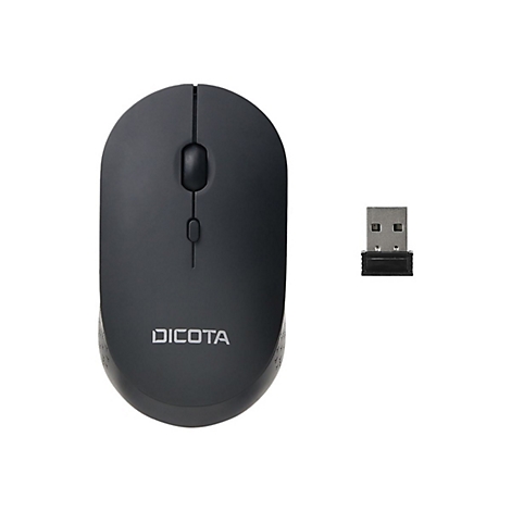 Drahtlose Computermaus in Grau mit USB-Empfänger. Auf der Maus steht "DICOTA".