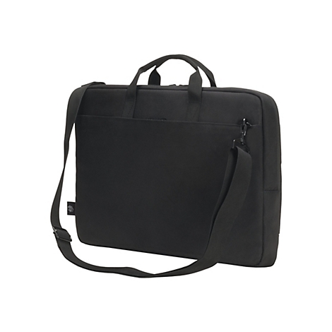 Schwarze Laptoptasche mit Tragegriff und Schultergurt. Auf der Vorderseite ein Logo.